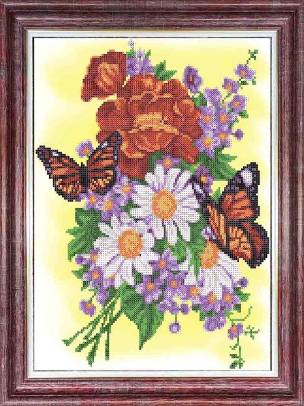 Бабочки на летнем букете - Основа на габардине для вышивки бисером и крестом